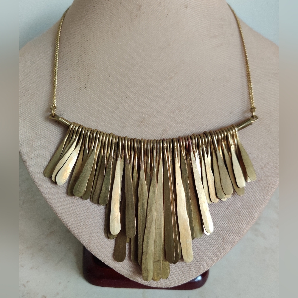 Vintage Ethnic Brass "Feathers" Fringe Bib Necklace